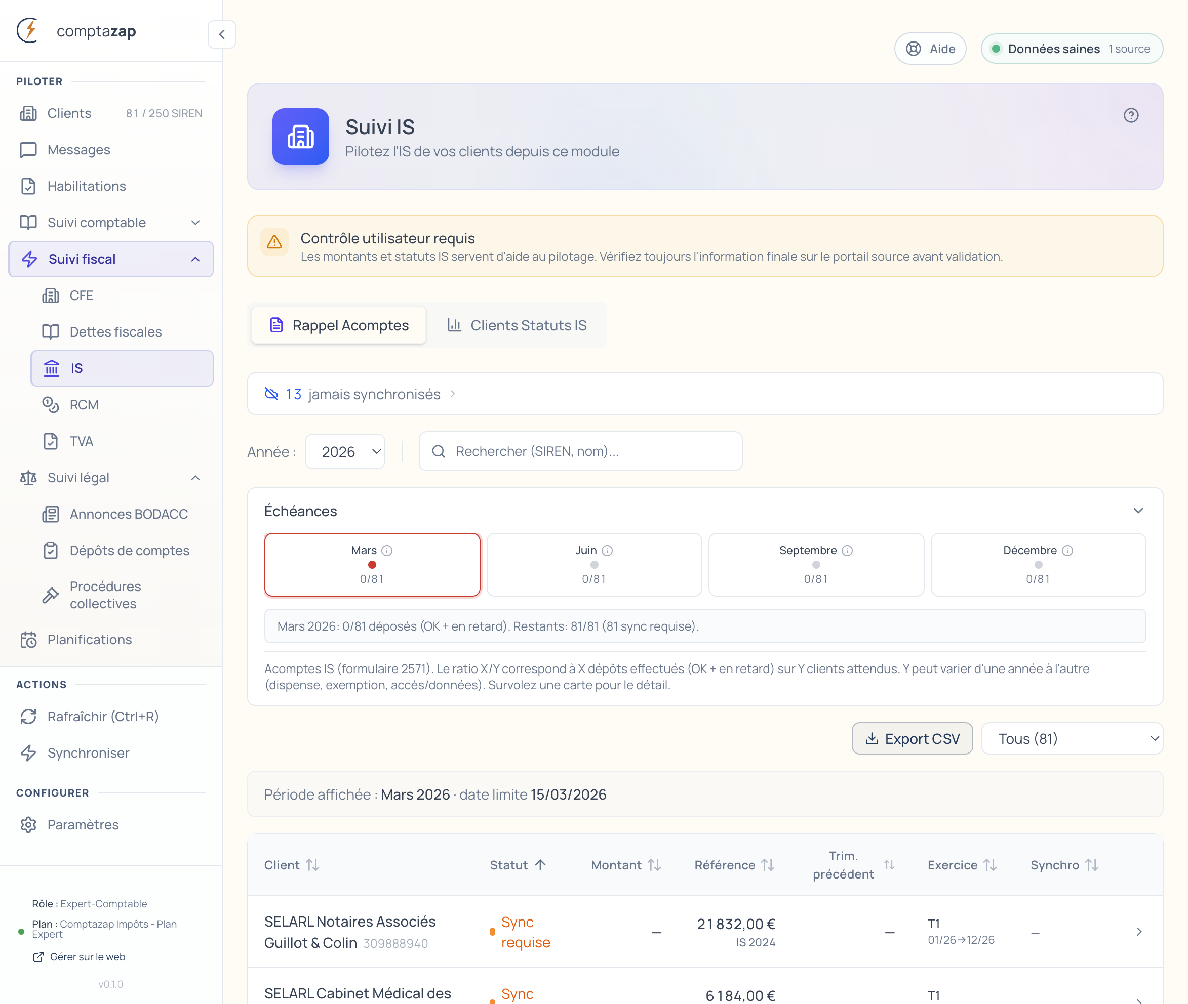 Suivi IS — rappel acomptes trimestriels