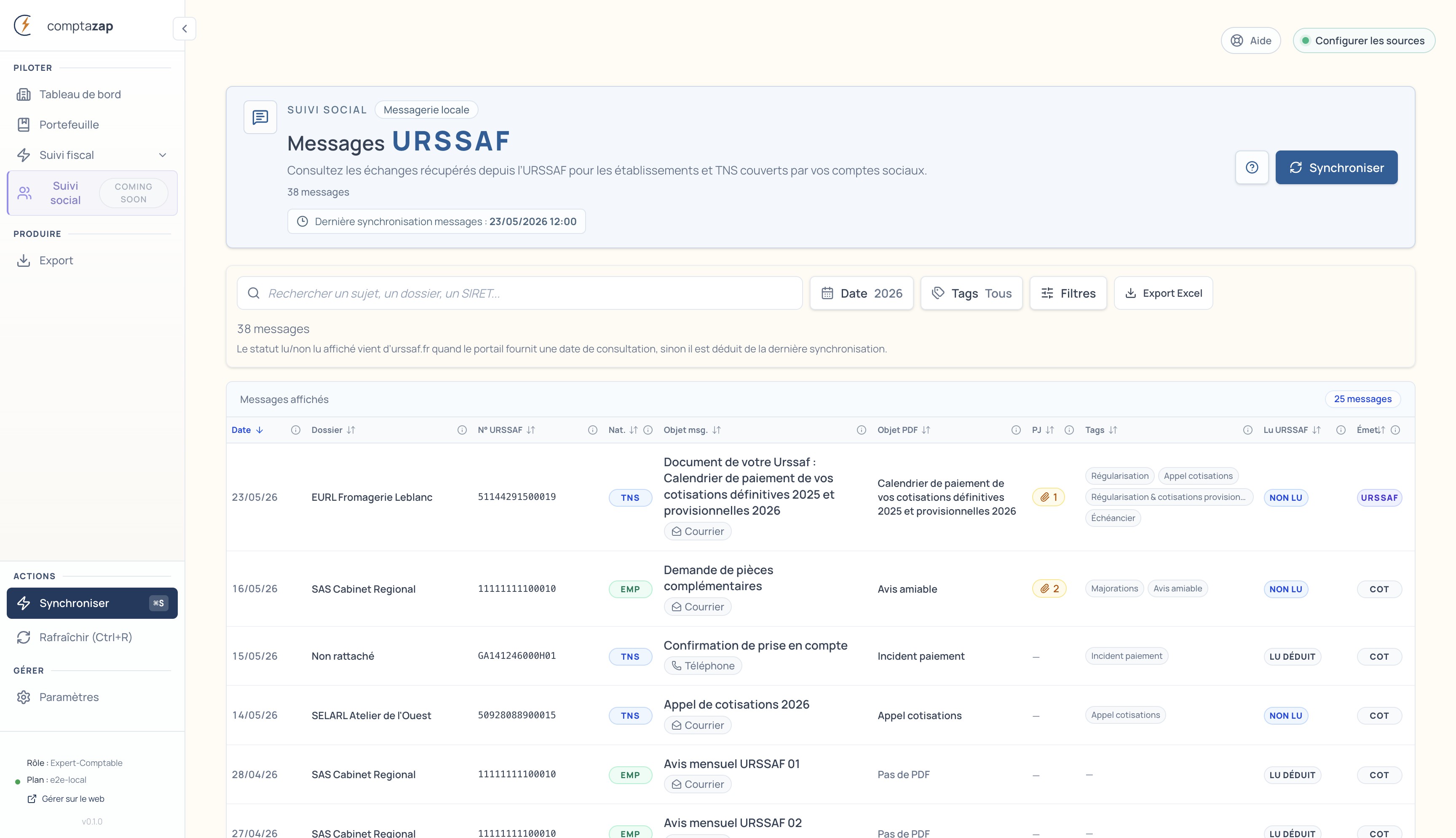 Messagerie URSSAF — messages employeurs et indépendants, triés par urgence
